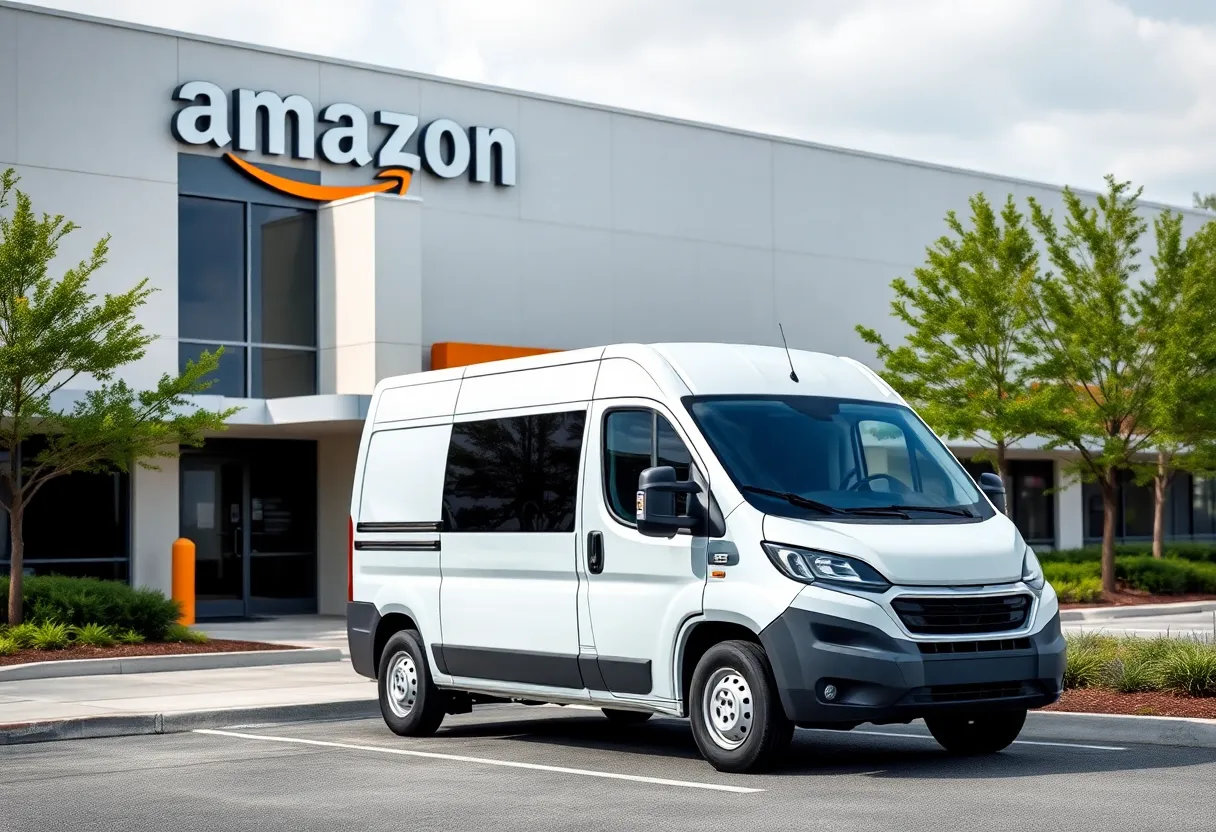 Amazon's electric delivery van parked at the new facility in Virginia Beach