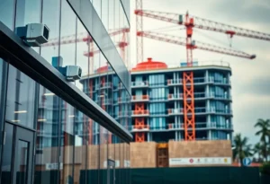 An office building highlighting security measures amidst a construction site.