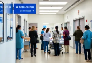 Bon Secours hospital building with patients entering