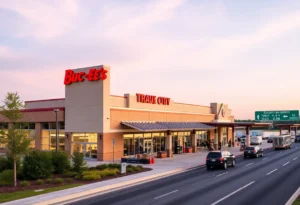A modern Buc-ee’s travel center with a spacious parking lot and landscaping.