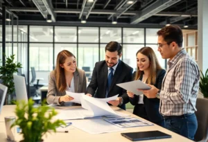 A diverse team discussing business strategies in an office