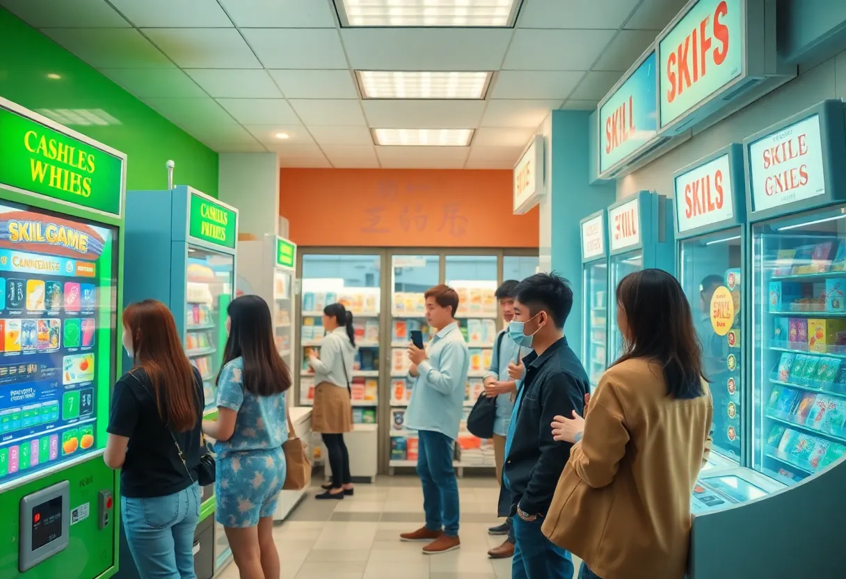 Customers playing cashless skill games in a convenience store.
