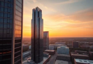 Aerial view of Central Place Tower in Arlington, Virginia.
