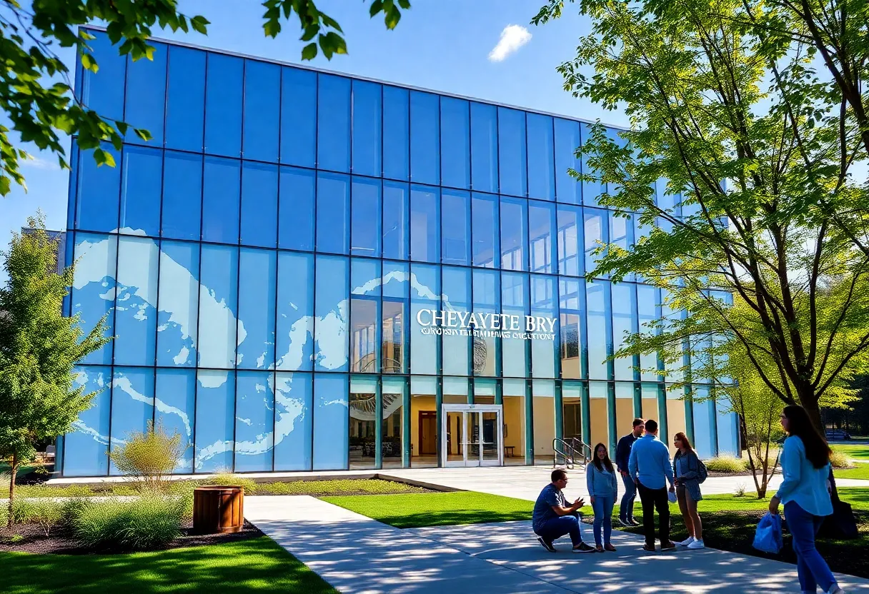 Chesapeake Bay Hall exterior with community students