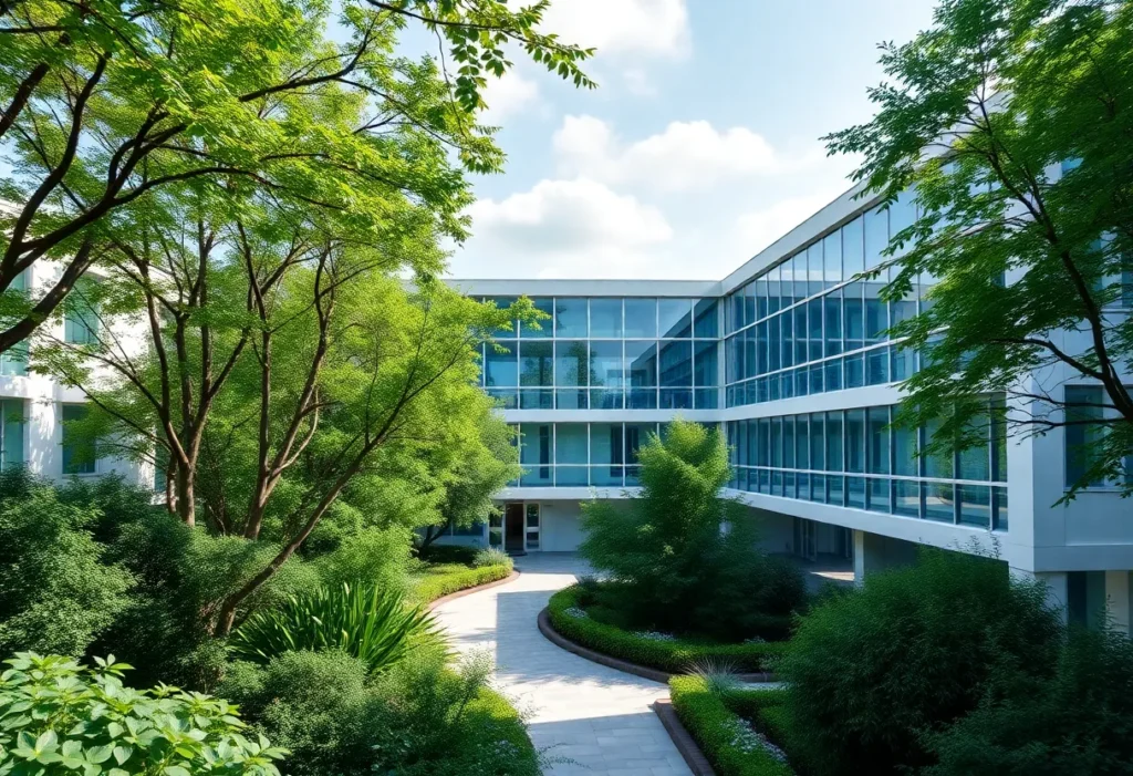 Chesapeake Bay Hall exterior view with landscaped surroundings