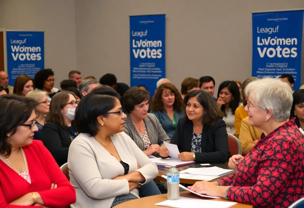 Community members discussing civic engagement around a table