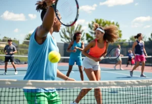 Action shot of a collegiate tennis match with diverse players