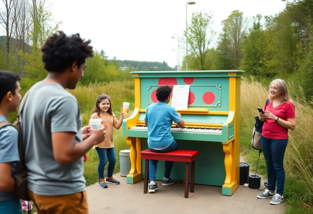 People enjoying music at the public piano along Virginia Capital Trail