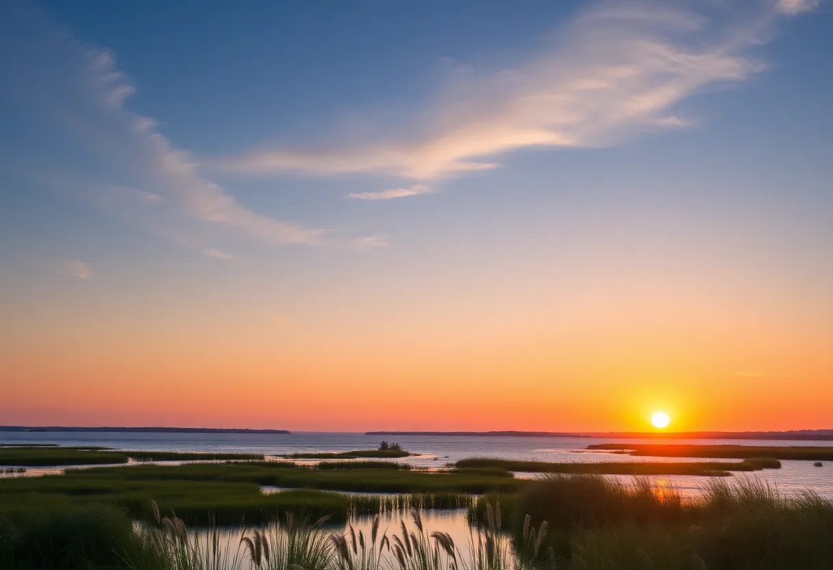 Scenic view of the Eastern Shore at sunset, symbolizing remembrance and community.