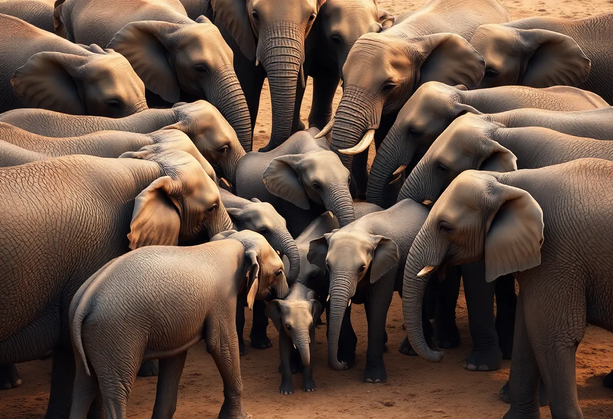 Herd of elephants forming a protective circle around younger elephants during an earthquake.