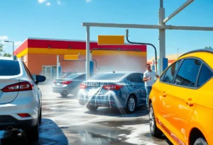 Flagstop Car Wash with customers and staff, showcasing the new location.