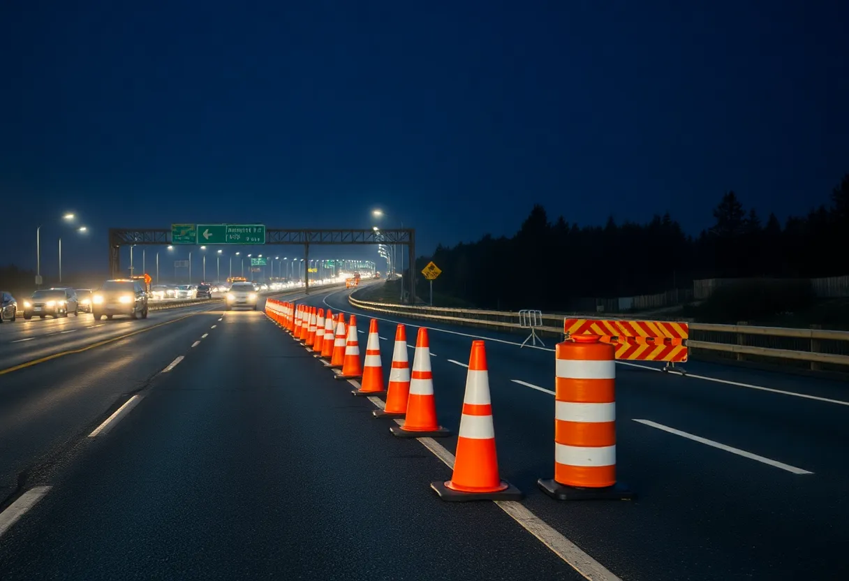 Overnight lane closures on I-64 West with construction barriers
