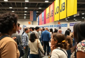 A busy job fair showcasing people seeking employment.