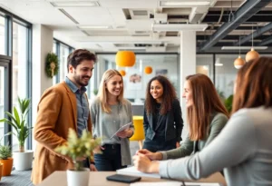 Happy employees working together in a modern office space