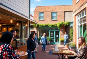 A collage of new retail shops in Virginia with people enjoying food and shopping.