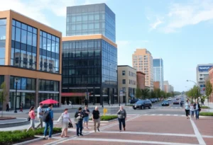 A view of Newport News city with community activities and technology interactions.