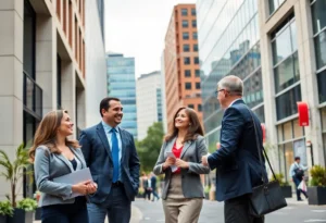 A busy street in Northern Virginia with professionals engaging in discussions.