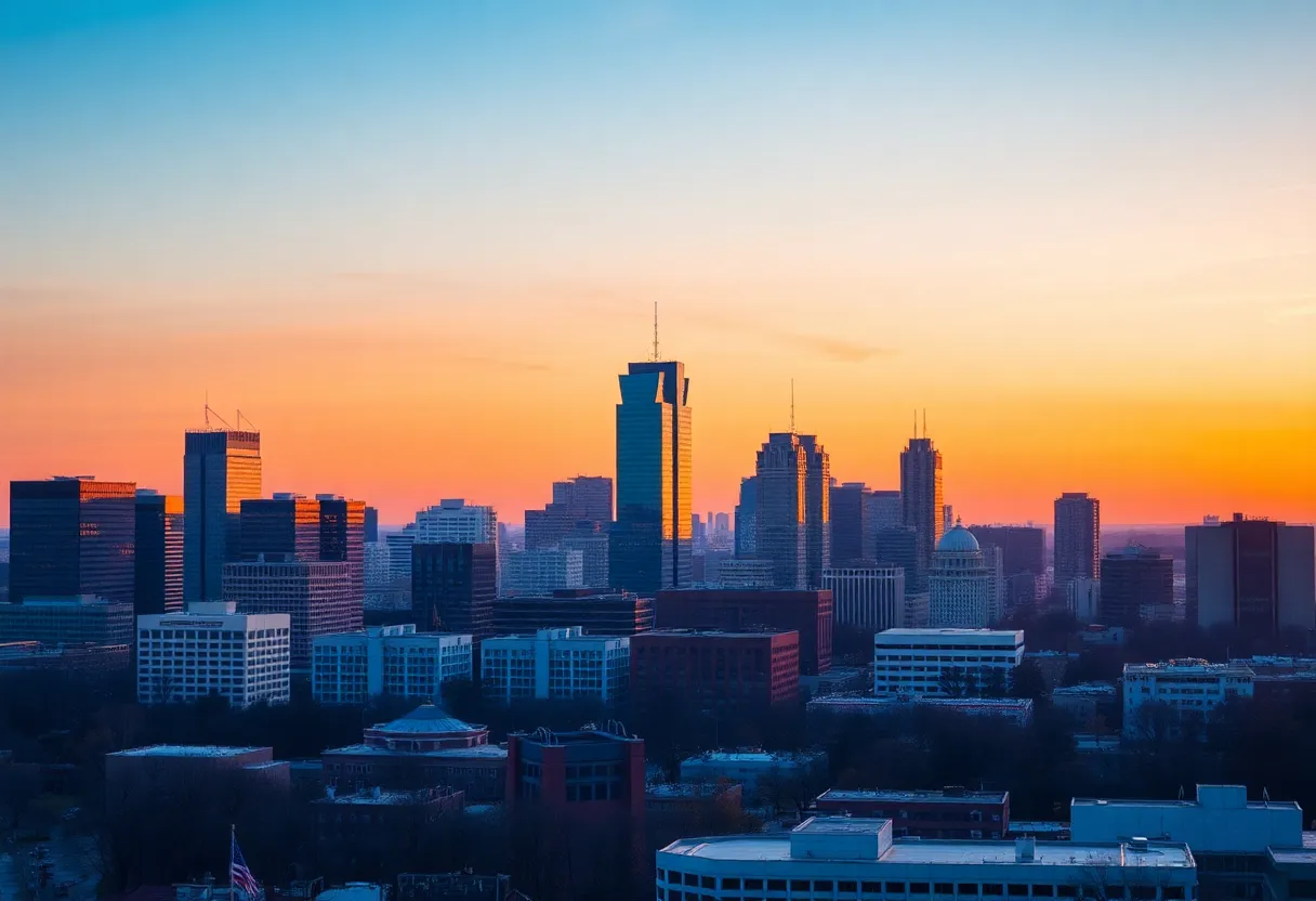 Sunset view of the Northern Virginia skyline with corporate buildings