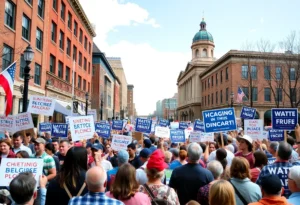A political rally in Richmond, Virginia with diverse supporters.