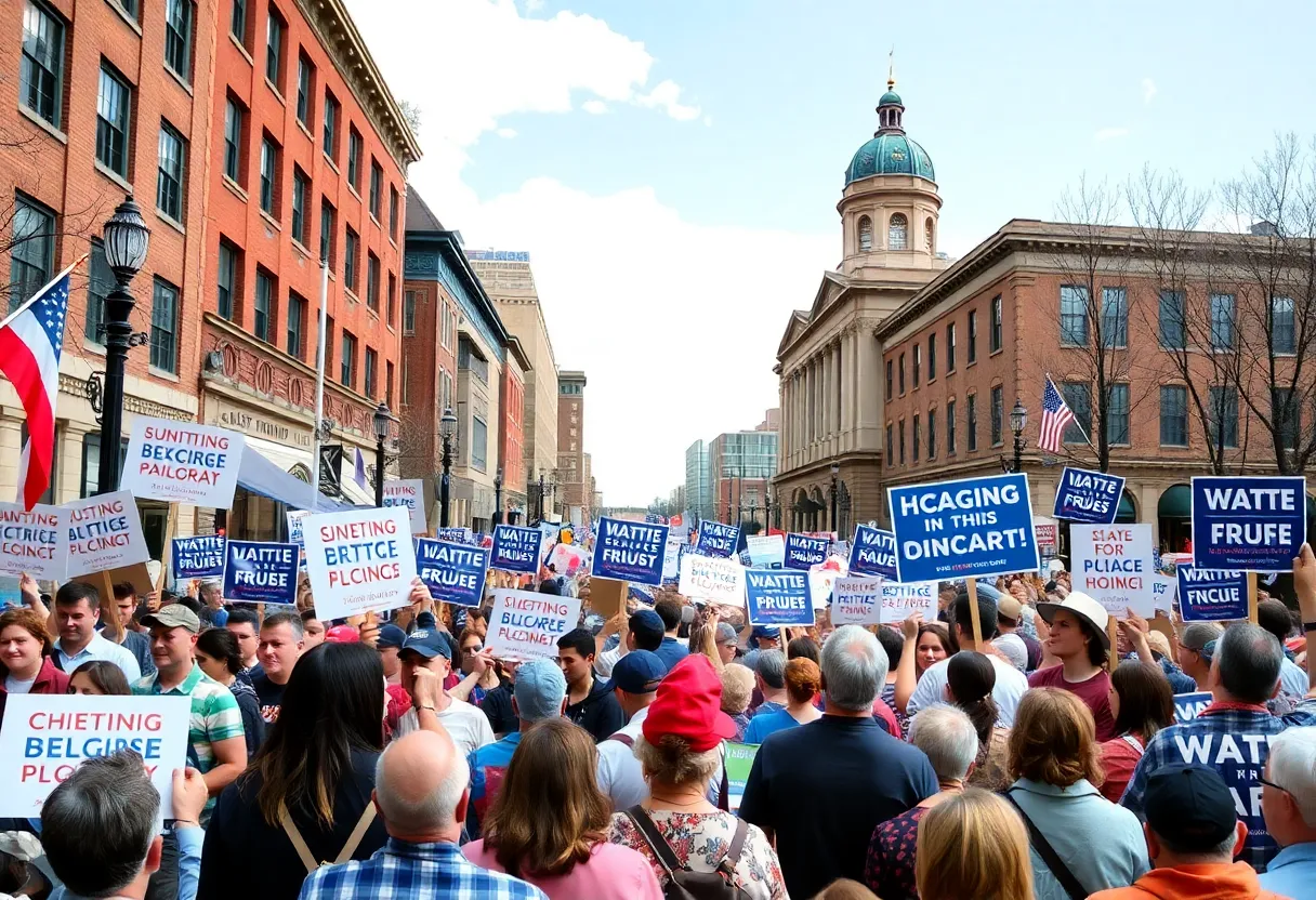 A political rally in Richmond, Virginia with diverse supporters.