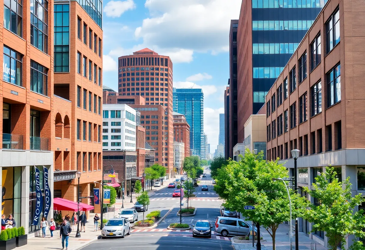 Cityscape of Richmond, Virginia, with a mix of modern and historic buildings.
