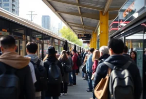 A diverse group of people waiting at a Richmond bus station for the zero-fare bus.
