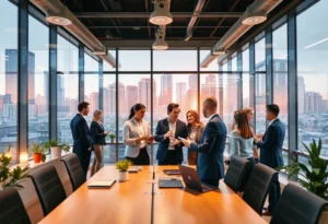 Agents collaborating in a modern real estate office environment