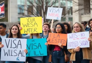 Diverse students protesting for international students' visa rights on campus.