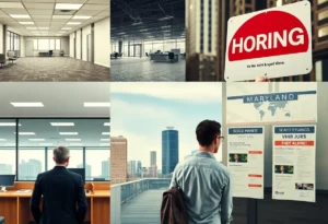 Collage of job market scenes in Virginia and Maryland depicting unemployment issues.