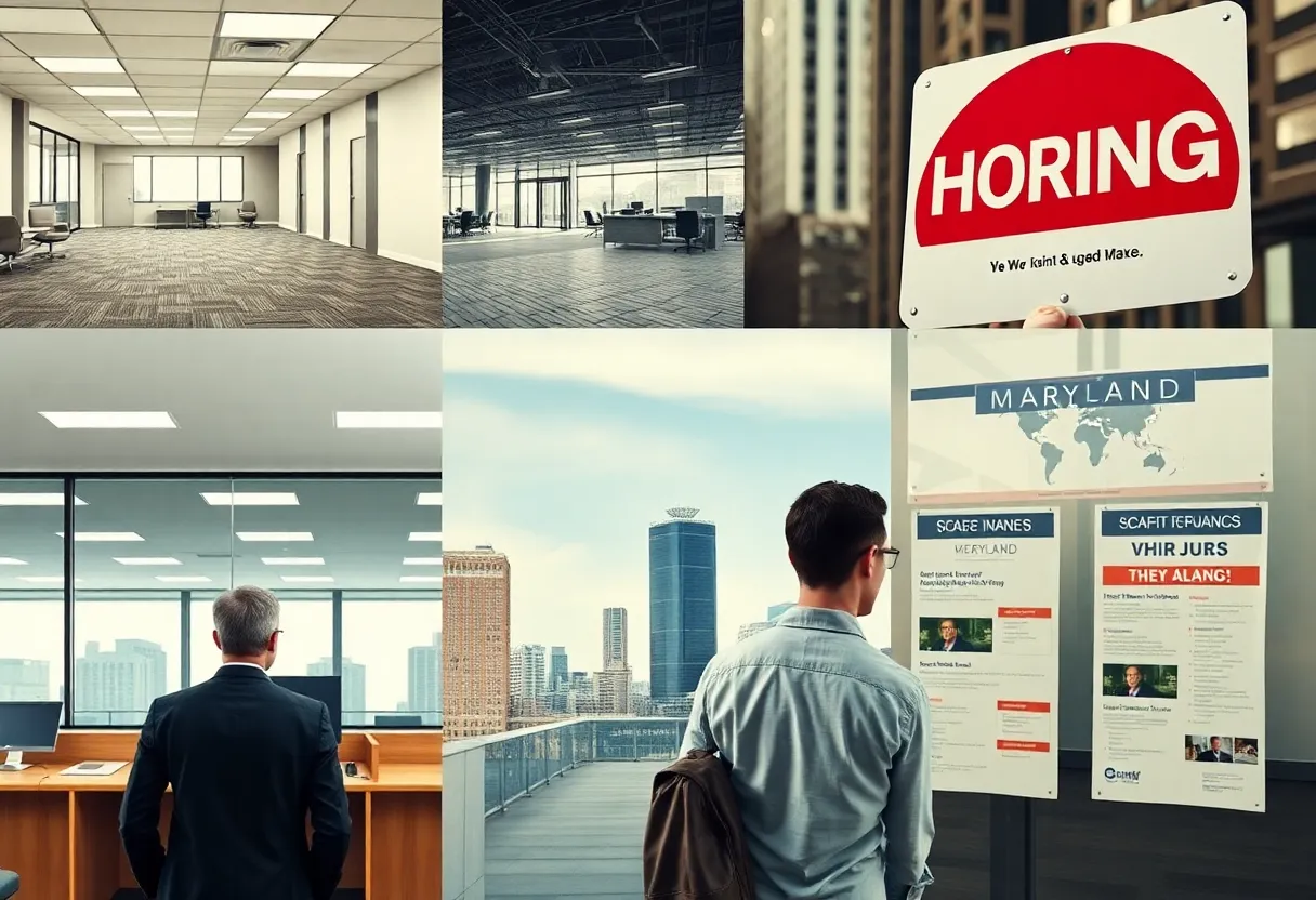 Collage of job market scenes in Virginia and Maryland depicting unemployment issues.