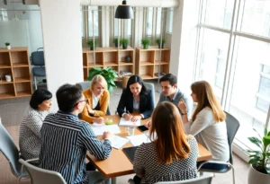 Business professionals collaborating in a modern office.
