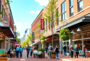 Scene depicting Virginia's evolving business landscape with restaurants and shoppers.
