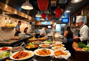 A busy kitchen in a Virginia restaurant with chefs preparing local dishes.