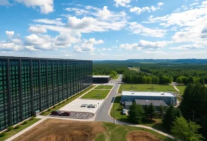 Modern data centers in Virginia surrounded by greenery.