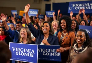 Diverse group of candidates and supporters at a Virginia Democratic Party rally
