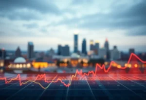 Illustration of Virginia's economic uncertainty with financial graphs and a city skyline.