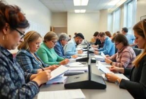 Individuals at a Virginia employment office working on unemployment claims