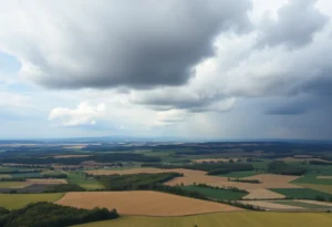 A scenic view of Virginia farmland with cloudy skies