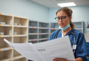 Healthcare worker reviewing budget in clinic after cuts
