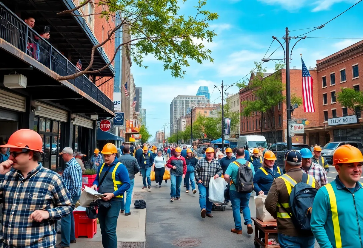 A diverse group of professionals in a busy urban Virginia setting.