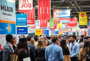 Scene from Virginia jobs fair with diverse job seekers and company banners.