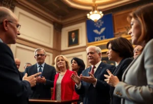Diverse lawmakers engaged in discussions in a legislative assembly.