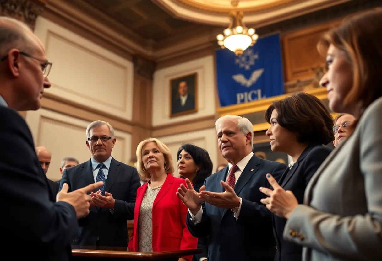 Diverse lawmakers engaged in discussions in a legislative assembly.