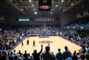 College basketball crowd cheering in excitement