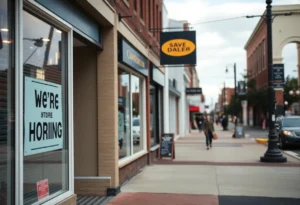 A street in Virginia with closed businesses and job opportunity signage.