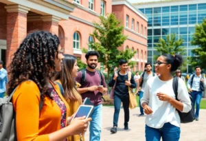Students of diverse backgrounds interacting on a university campus in Virginia.
