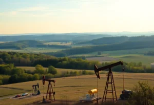 Landscape of West Virginia with oil rigs and counties in distress