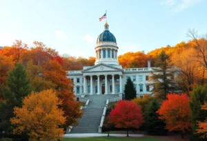 West Virginia State Capitol building surrounded by vibrant autumn trees