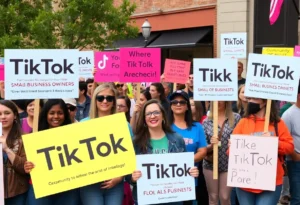 Rally against TikTok ban in West Virginia with community members holding signs.