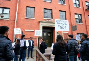 Community members discussing school budget cuts in front of a school building in Williamsburg